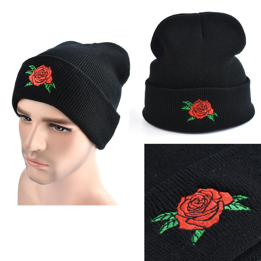 2021 남자 여자 겨울 Beanies 모자 장미 꽃 수 놓은 연인 모자 탄성 아크릴 고품질 겨울 모자
